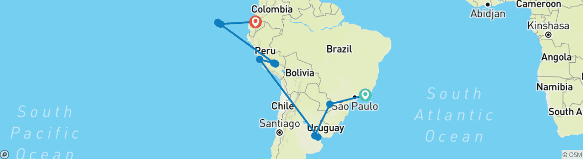 Image of a map showing the route of the tour