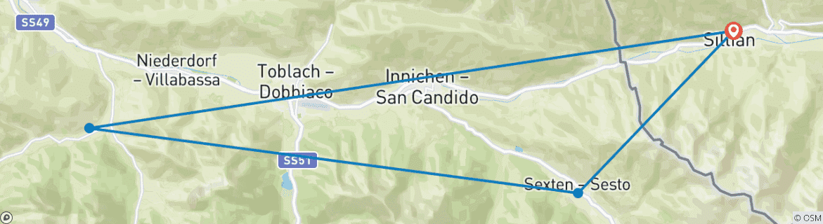 Image of a map showing the route of the tour