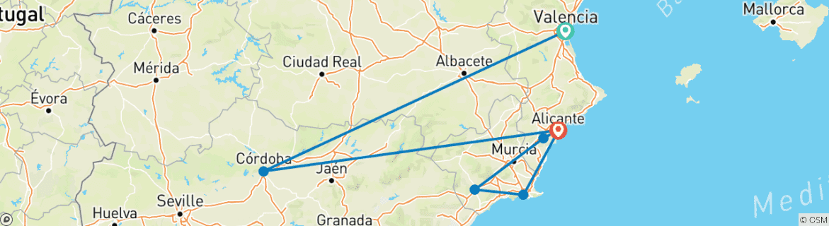 Image of a map showing the route of the tour