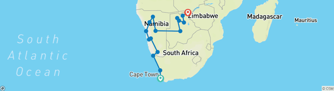 Image of a map showing the route of the tour