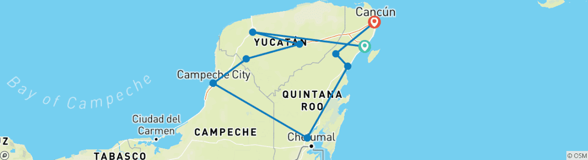 Image of a map showing the route of the tour