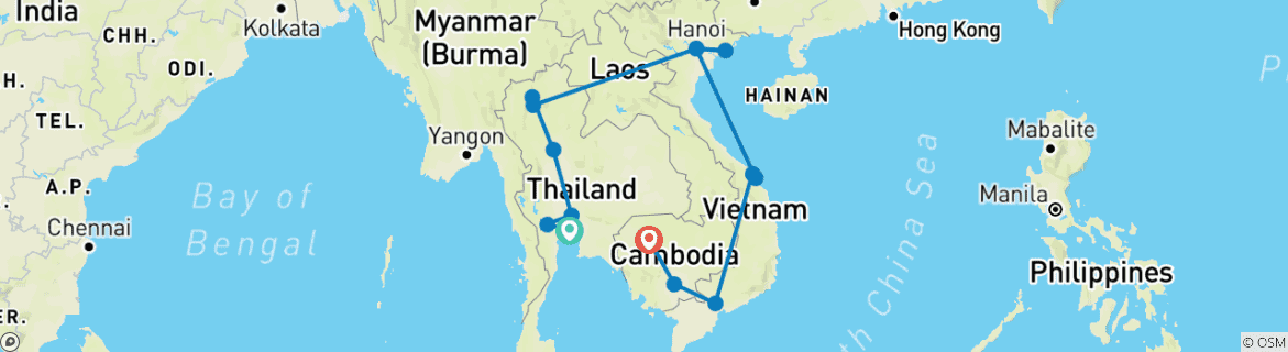 Image of a map showing the route of the tour