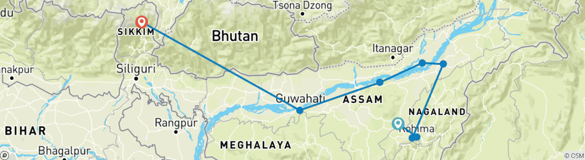 Image of a map showing the route of the tour
