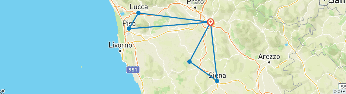 Image of a map showing the route of the tour