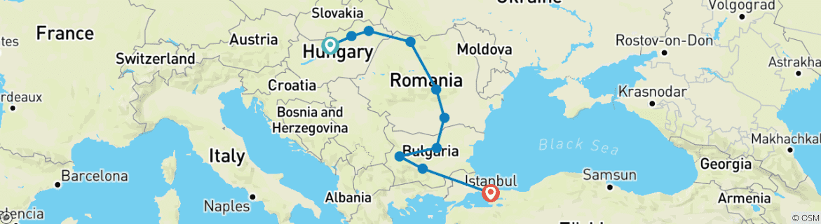 Image of a map showing the route of the tour