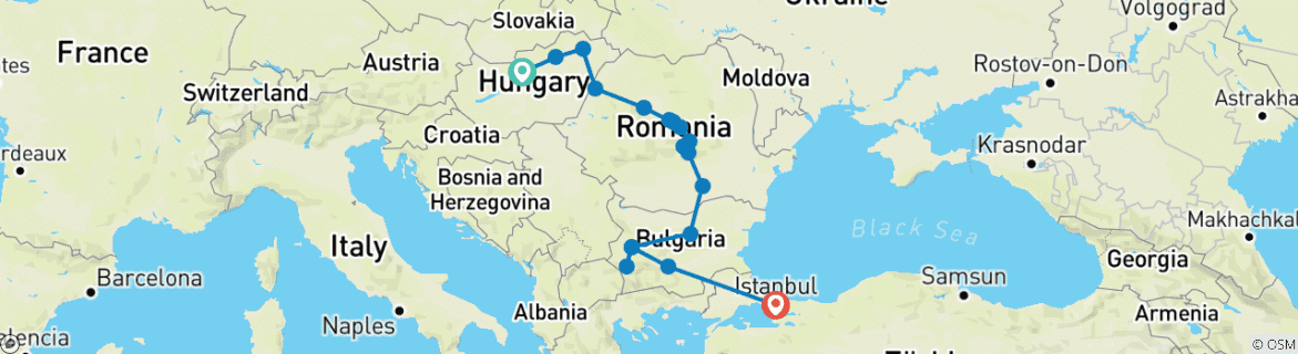 Mapa de Aventura de Budapest a Estambul