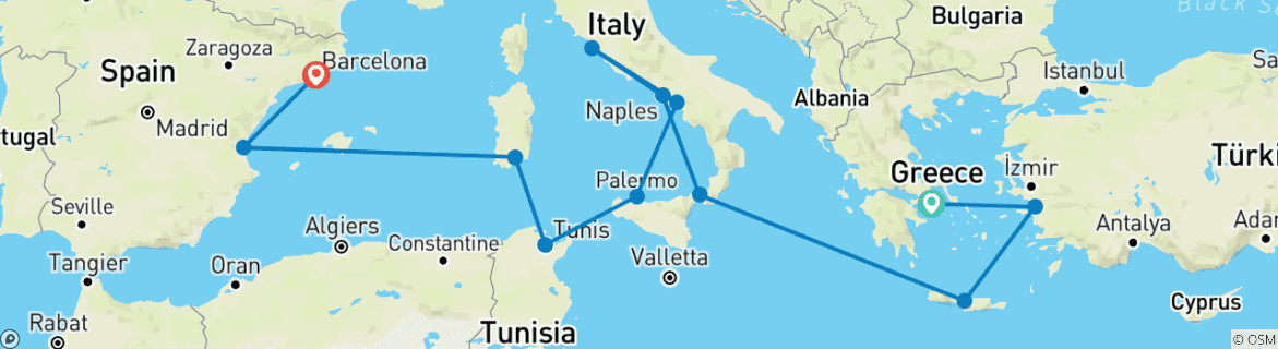 Image of a map showing the route of the tour