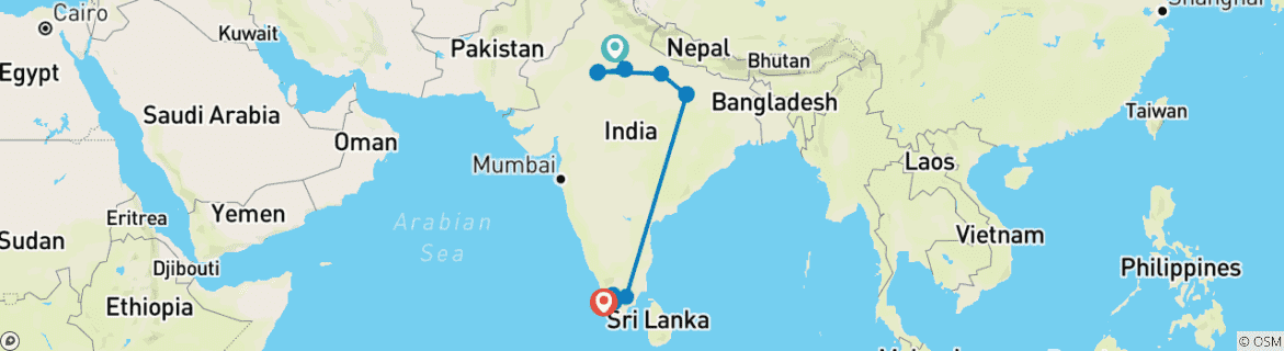 Image of a map showing the route of the tour