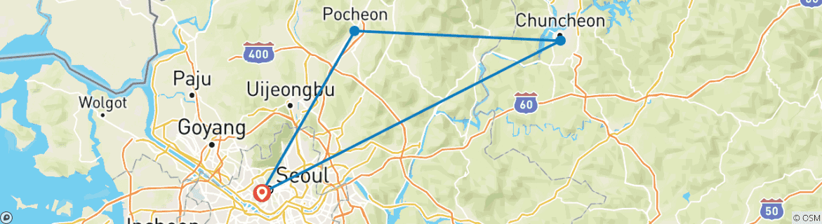 Image of a map showing the route of the tour