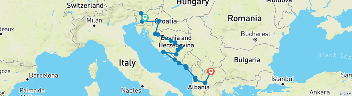 Karte von 15 Tage Balkan Tour -Slowenien Kroatien Bosnien Montenegro Albanien N. Mazedonien