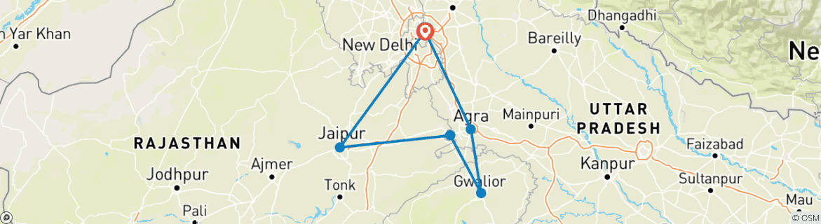Image of a map showing the route of the tour
