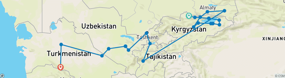 Image of a map showing the route of the tour