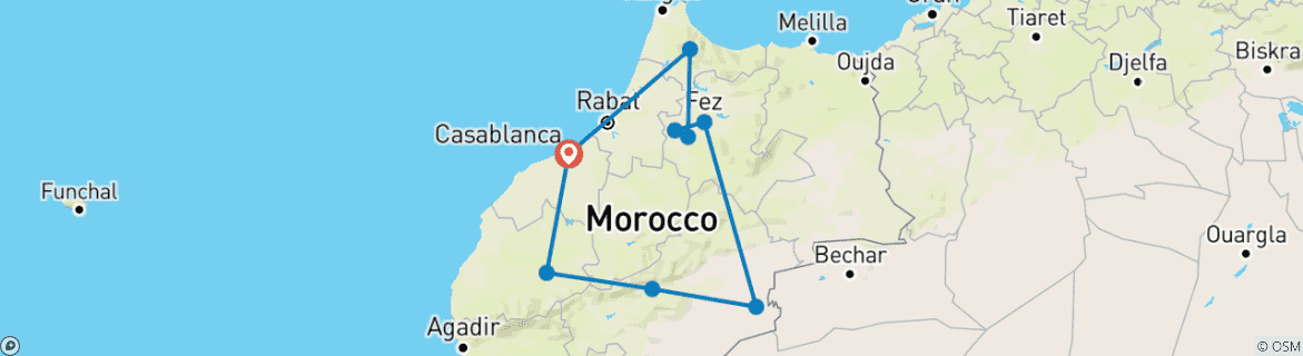 Image of a map showing the route of the tour