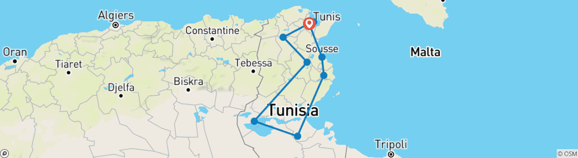 Image of a map showing the route of the tour