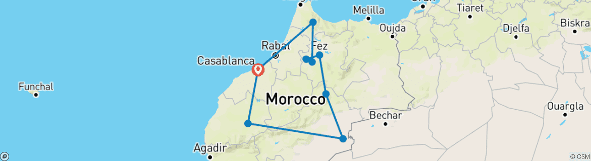 Image of a map showing the route of the tour