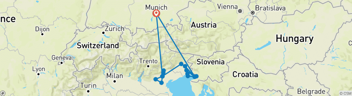 Image of a map showing the route of the tour