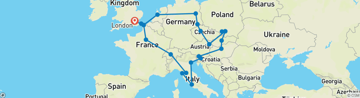 Image of a map showing the route of the tour