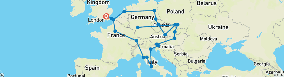 Image of a map showing the route of the tour