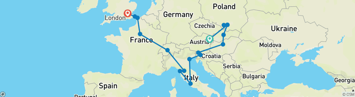 Image of a map showing the route of the tour