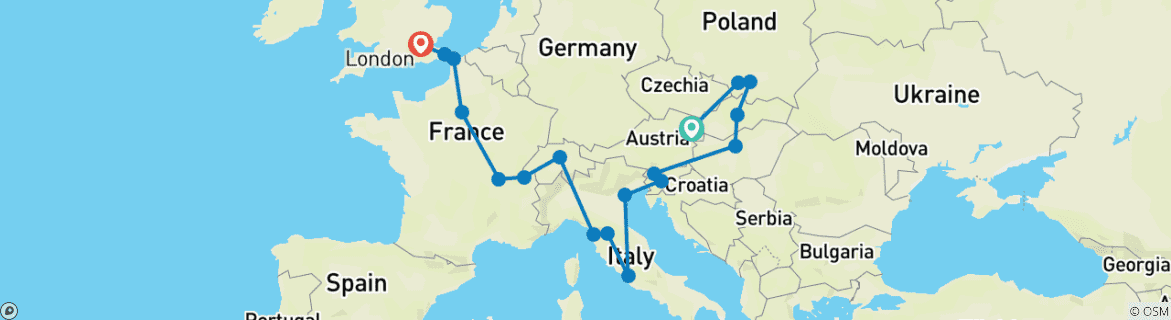 Image of a map showing the route of the tour