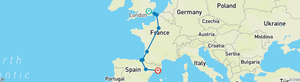 Image of a map showing the route of the tour