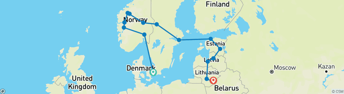 Image of a map showing the route of the tour