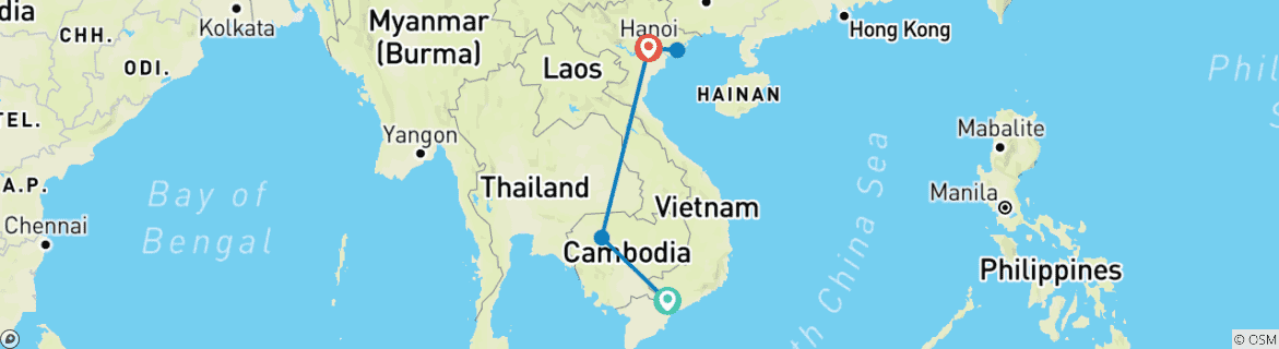 Image of a map showing the route of the tour