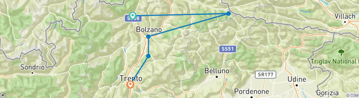 Image of a map showing the route of the tour
