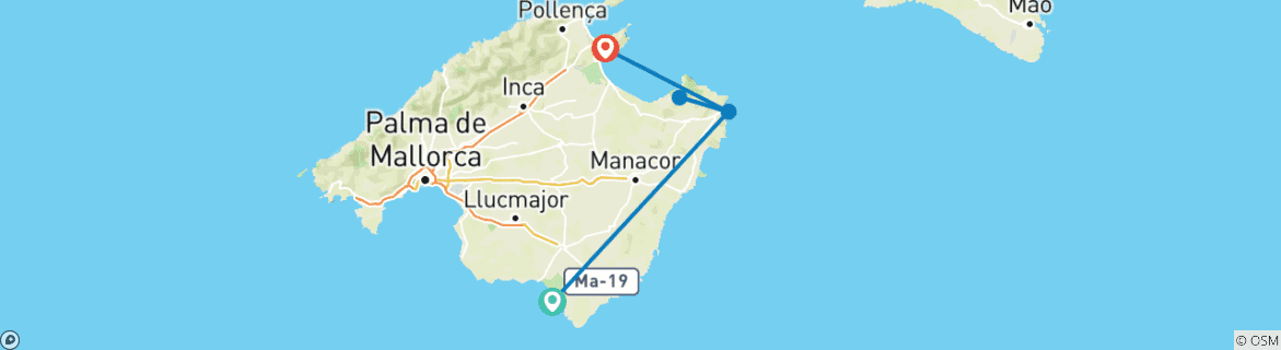 Image of a map showing the route of the tour