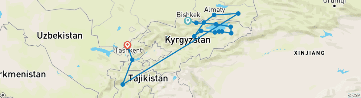 Image of a map showing the route of the tour