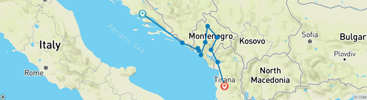 Image of a map showing the route of the tour