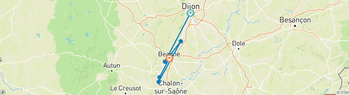 Image of a map showing the route of the tour