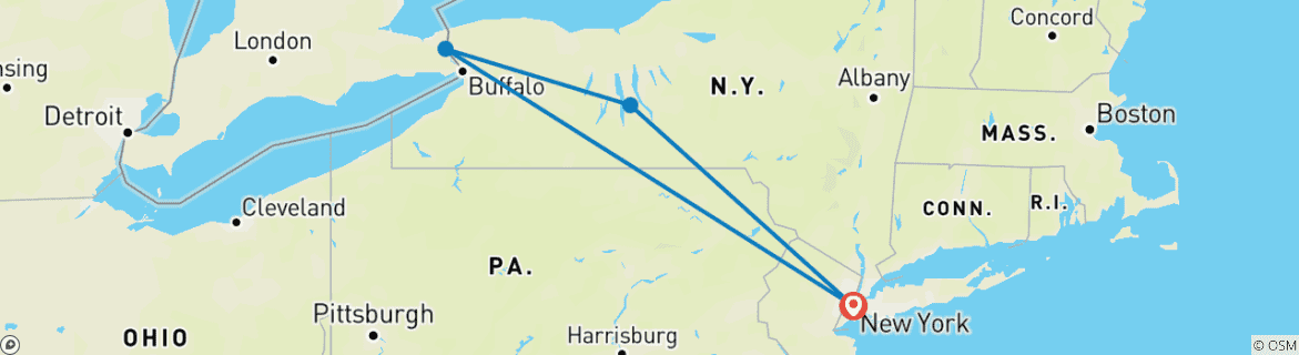Image of a map showing the route of the tour