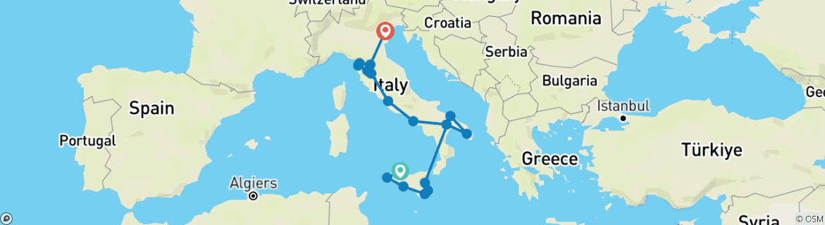 Image of a map showing the route of the tour