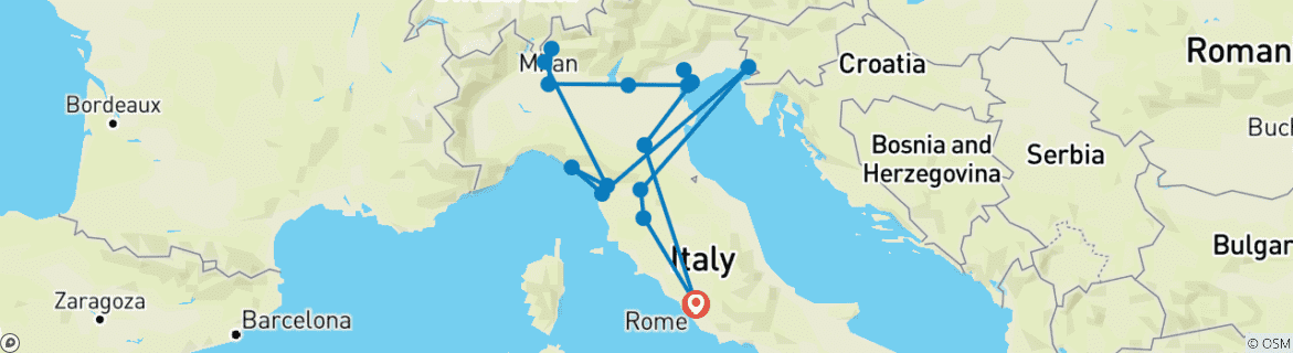 Image of a map showing the route of the tour