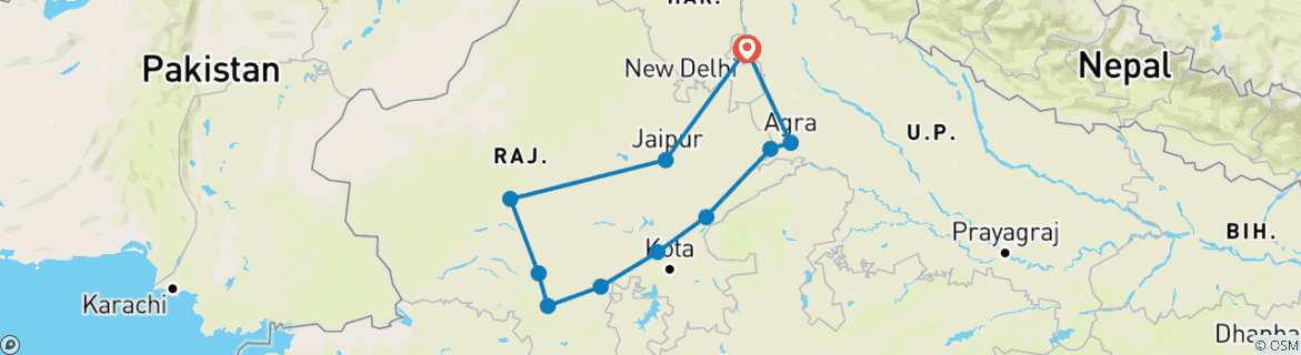 Image of a map showing the route of the tour