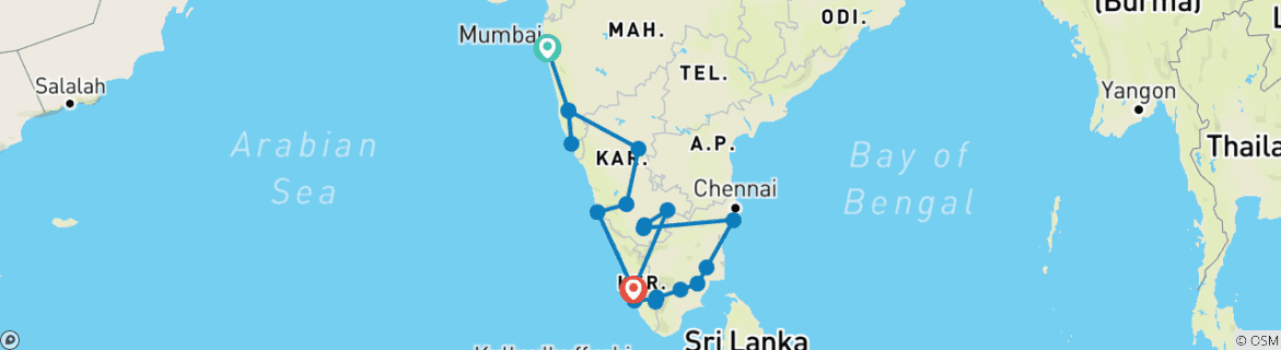 Image of a map showing the route of the tour