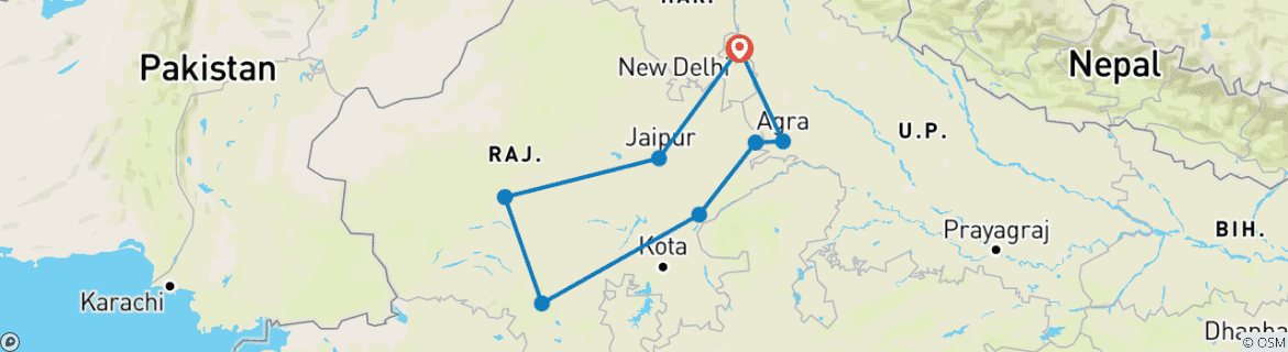 Image of a map showing the route of the tour