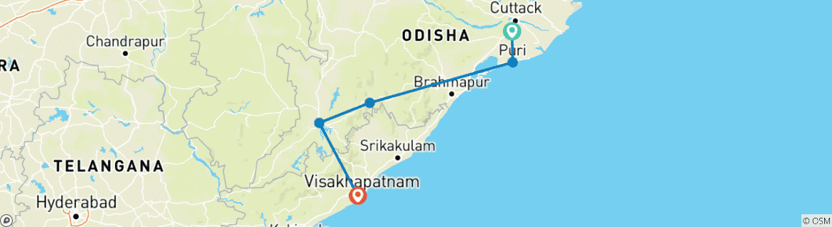 Image of a map showing the route of the tour