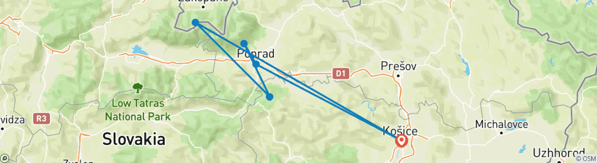 Image of a map showing the route of the tour