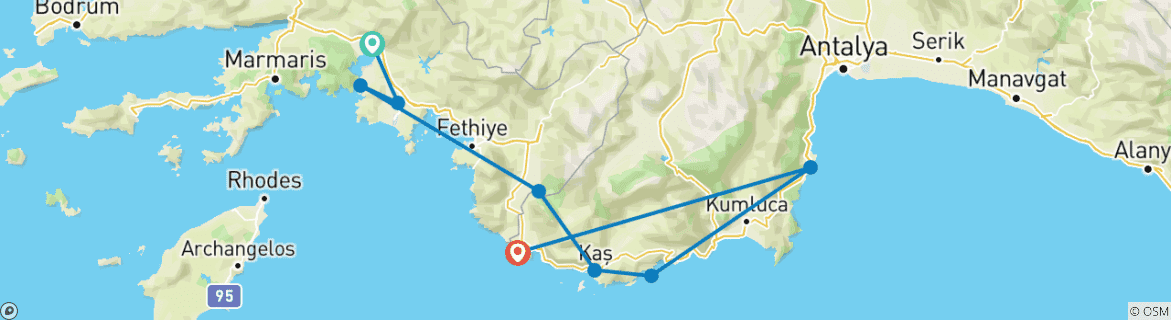 Image of a map showing the route of the tour