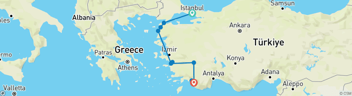 Image of a map showing the route of the tour
