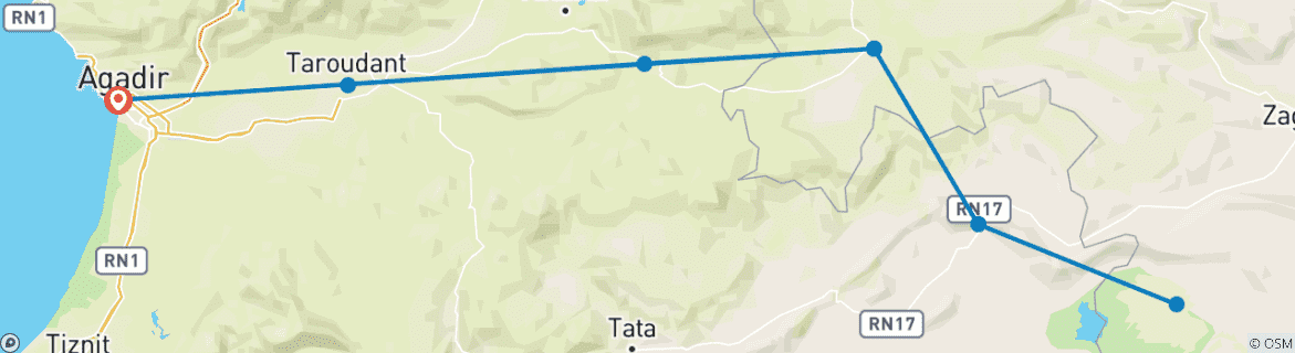 Image of a map showing the route of the tour
