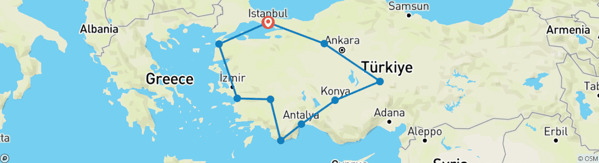Image of a map showing the route of the tour