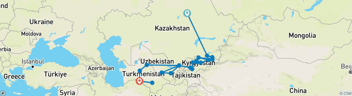 Image of a map showing the route of the tour