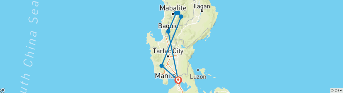Image of a map showing the route of the tour