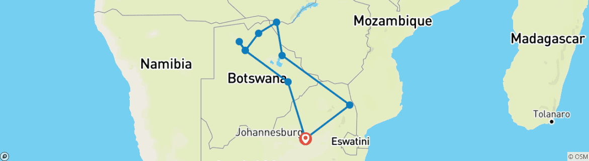 Image of a map showing the route of the tour