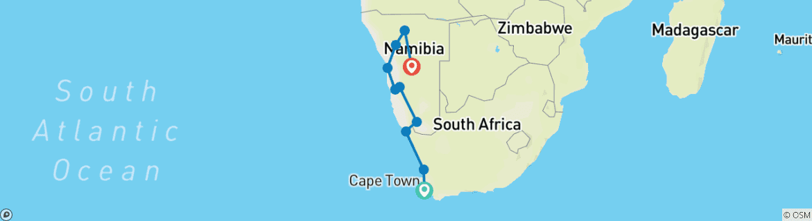 Image of a map showing the route of the tour