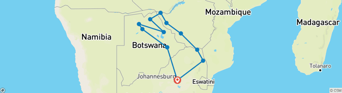 Image of a map showing the route of the tour