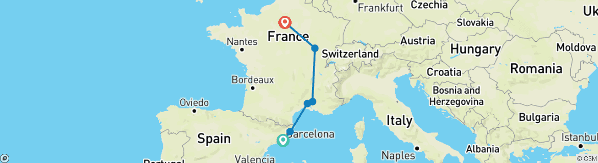 Image of a map showing the route of the tour
